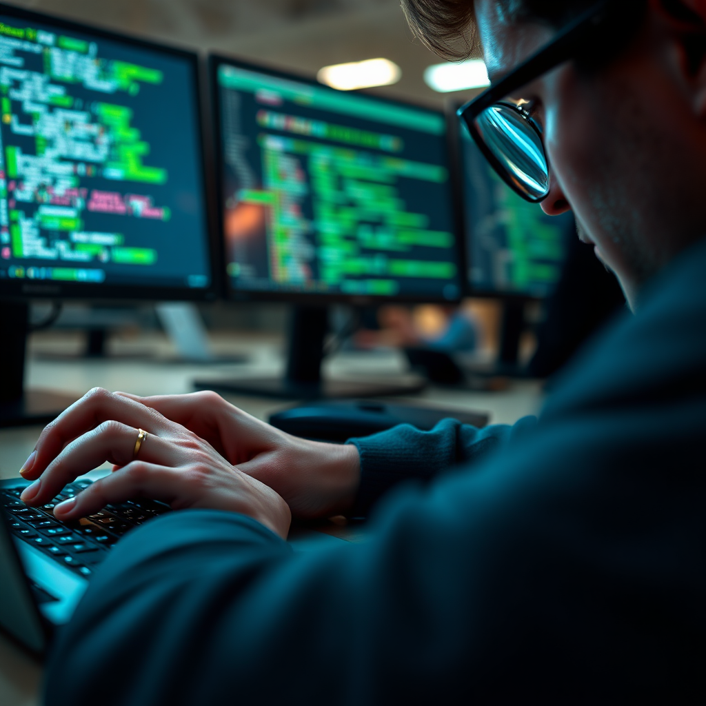 A close-up photorealistic image of hands coding on a laptop, with lines of code reflecting in the glasses of the coder. The code should be clean and well-organized, using a modern programming language. The background should be a blurred office environment with multiple monitors displaying different coding tasks. The lighting should be focused on the screen, highlighting the details of the code and the coder's concentration. The color palette should be predominantly blues and greens, creating a sense of focus and precision. The camera angle is a tight shot, emphasizing the coder's skill and attention to detail.