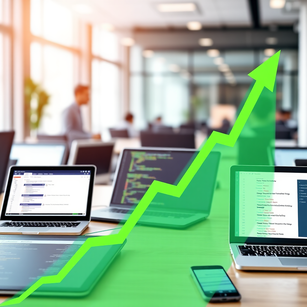 A photorealistic image of a business graph trending sharply upwards, overlaid on a network of interconnected digital devices (laptops, tablets, smartphones). The graph should be highlighted with vibrant green and blue colors. The devices display various digital marketing metrics and code snippets. The background should be a blurred office environment, suggesting activity and progress. Lighting should be bright and optimistic, conveying a sense of growth and success. Camera angle is a close-up, focusing on the graph and the interconnected devices. The image should emphasize the positive impact of Docara GmbH's services on business growth.