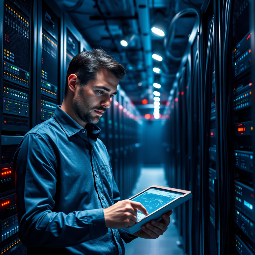 A photorealistic image of a network server room, with blinking lights and cables. A consultant in the foreground is reviewing data on a tablet, with a focused expression. The lighting should be dramatic, with spotlights highlighting key areas of the server room. The color palette should be predominantly blues and grays, creating a sense of technological power and reliability. The camera angle is a medium shot, capturing the scale of the server room and the consultant's role in managing the infrastructure.