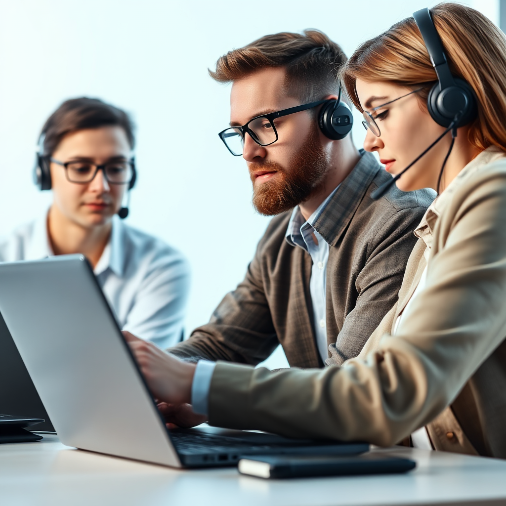 A photorealistic image of a support team working to help someone with an IT problem on their laptop. The team is calm and collected while quickly arriving at a solution. The background should be bright and clear to provide visibility in the shot. The camera angle is a close-up, emphasizing the IT and programming support team is always available for questions or to assist in complex problems.