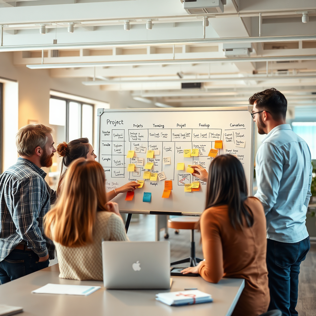 A photorealistic image of a team collaborating around a whiteboard covered with sticky notes and diagrams. The team members should be diverse and engaged in a lively discussion. The whiteboard should display a project timeline and key milestones. The background should be a bright and open office space. The lighting should be warm and inviting, creating a sense of teamwork and creativity. The camera angle is a wide shot, capturing the entire team and the whiteboard.