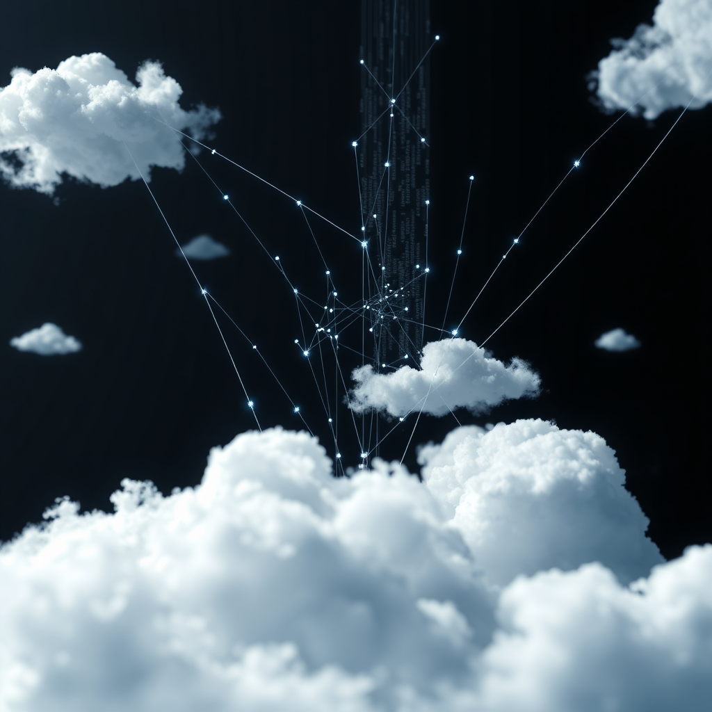 A photorealistic image of data floating in the cloud, with connections being created and transmitted. The background should be dark to highlight the cloud data and connections. The camera angle is a wide shot, emphasizing the scale of the cloud data and its interconnections.