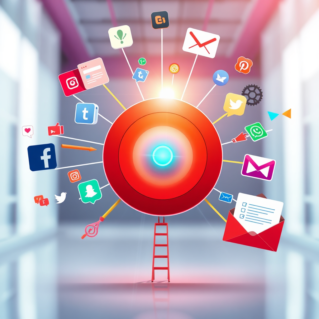 A photorealistic image showcasing various digital marketing channels (social media, search engine results, email marketing) converging towards a central target, representing increased customer engagement. The background should be a clean and modern design, with vibrant colors and dynamic elements. The lighting should be bright and energetic, conveying a sense of success and growth.