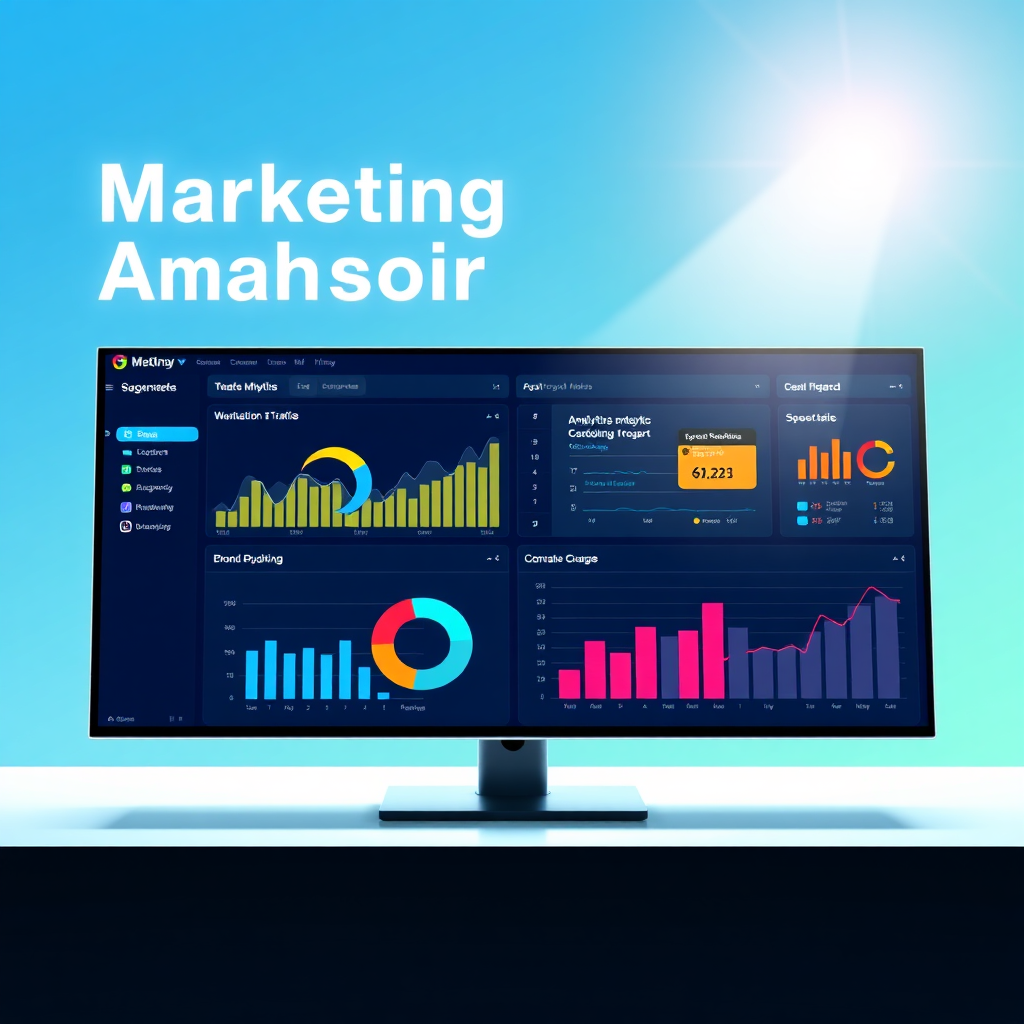A stylized image of a digital dashboard displaying various marketing analytics metrics (e.g., website traffic, conversion rates, social media engagement). The dashboard should be visually appealing and easy to understand, with clear charts and graphs. The background should be a clean and modern design, with a subtle gradient of blues and greens. The lighting should be bright and optimistic, conveying a sense of data-driven decision-making. The camera angle is a medium shot, focusing on the dashboard and the key metrics displayed.